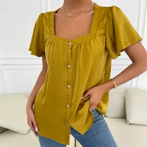New French Style Square Neck Solid Color Ladies Top Button Design Elegant T-shirt Women's Shirt Blouse