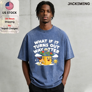 T-shirt in cotone oversize lavato con stampa What if IT Turns Out Way Better Cartoon Box Plant, maglietta casual da tutti i giorni in stile streetwear retrò - Product Image 1