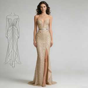 <span class=keywords><strong>Robe</strong></span> de soirée sirène en tulle à paillettes beige or, sans bretelles, décolleté plongeant, fente haute, vente en gros d'usine pour bal de promo - Product Image 5