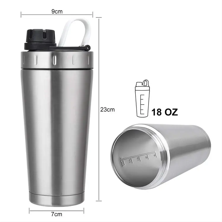 Groothandel 600Ml Dubbele Wand Roestvrij Staal Metalen Shaker Fles Voor Sport Proteïne Poeder