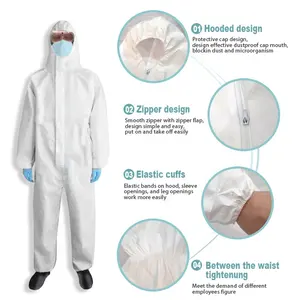 Witte Kleur Waterdichte Wegwerp Overall Polypropyleen Beschermende Kleding Hazmat Pak 65 55 Gsm Pp Pe Type 56 Overall