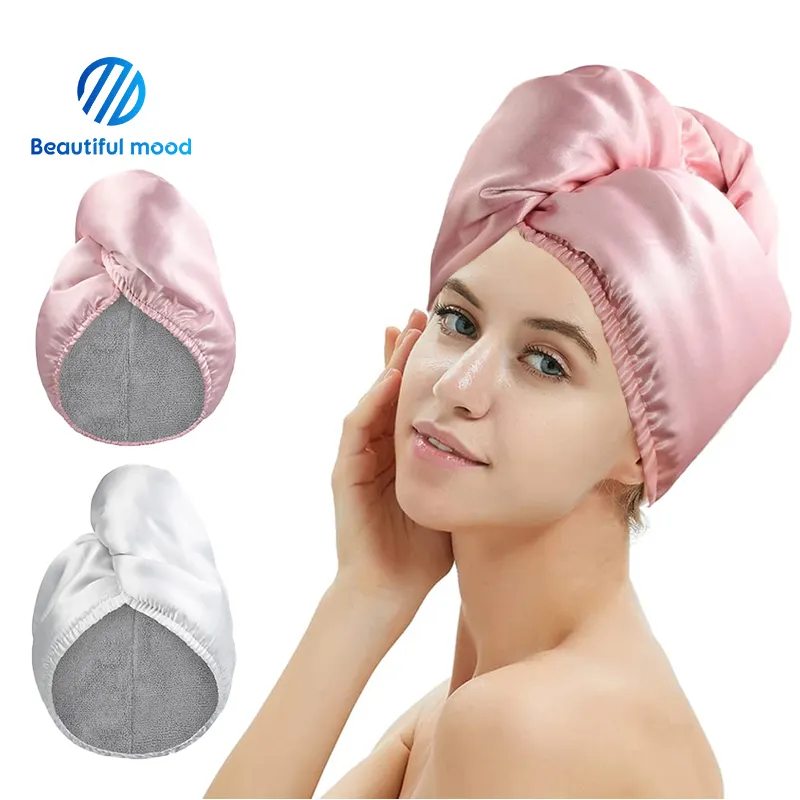 Siêu thấm chống xoăn cứng ngay lập tức khô đôi vải sợi nhỏ satin Tóc Turban khô dễ dàng Xoắn khăn