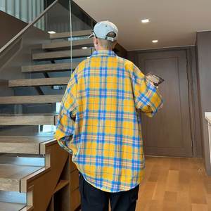 休闲别致男士黄色和蓝色方格衬衫口袋细节夏季男士休闲衬衫衬衫 - Product Image 4