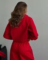 Ensemble athlétique avec logo personnalisé pour femmes sweat à capuche rouge à fermeture éclair et pantalon de survêtement à rayures blanches survêtement deux pièces décontracté en tricot solide