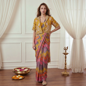 <b>Women</b> Mustard Embroidered Blouse Multicolor Zigzag Print Silk Saree Set Ethnic Wedding <b>Wear</b> - Product Image 1