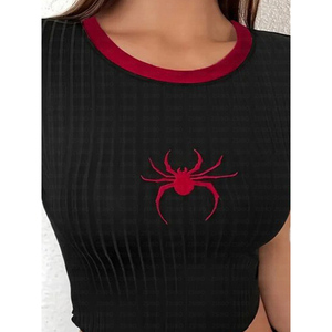 T-shirt da <span class=keywords><strong>Donna</strong></span> Leggera con Ricamo a <span class=keywords><strong>Ragno</strong></span> e Decorazione Cartoon, Top Corto a Maniche Corte - Product Image 3