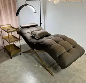 Tempat tidur pijat kecantikan, tempat tidur bulu mata angkat dasar emas Modern dengan lampu untuk salon kecantikan