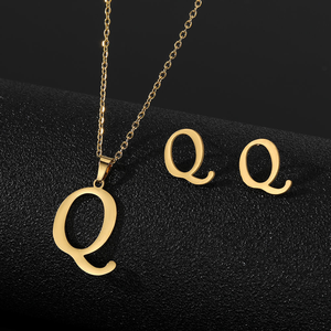 Stainless Steel Gold Plated Initial Letter Pendant <strong>Necklace</strong> Earrings Jewelry Set A-Z Alphabet Trendy Wome - Product Image 6