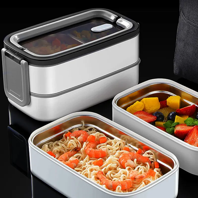 304 Isolierte Lunchbox aus Edelstahl mit Wasser Versiegelte, knusprige Doppel deckfach Bento Box Mikrowelle tragbare Lunchbox