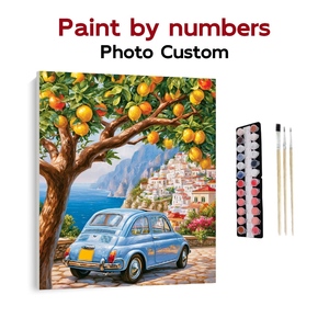 Kit Pittura con Numeri su Tela, Arte Murale con <span class=keywords><strong>Auto</strong></span> d'Epoca Blu e Albero di Limoni, Vendita Diretta all'Ingrosso - Product Image 1