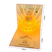 Carte de vœux 3D créative en papier style Palais Européen avec feuille d'or, bougie, gâteau d'anniversaire, lumière musicale et motif ajouré pour fête