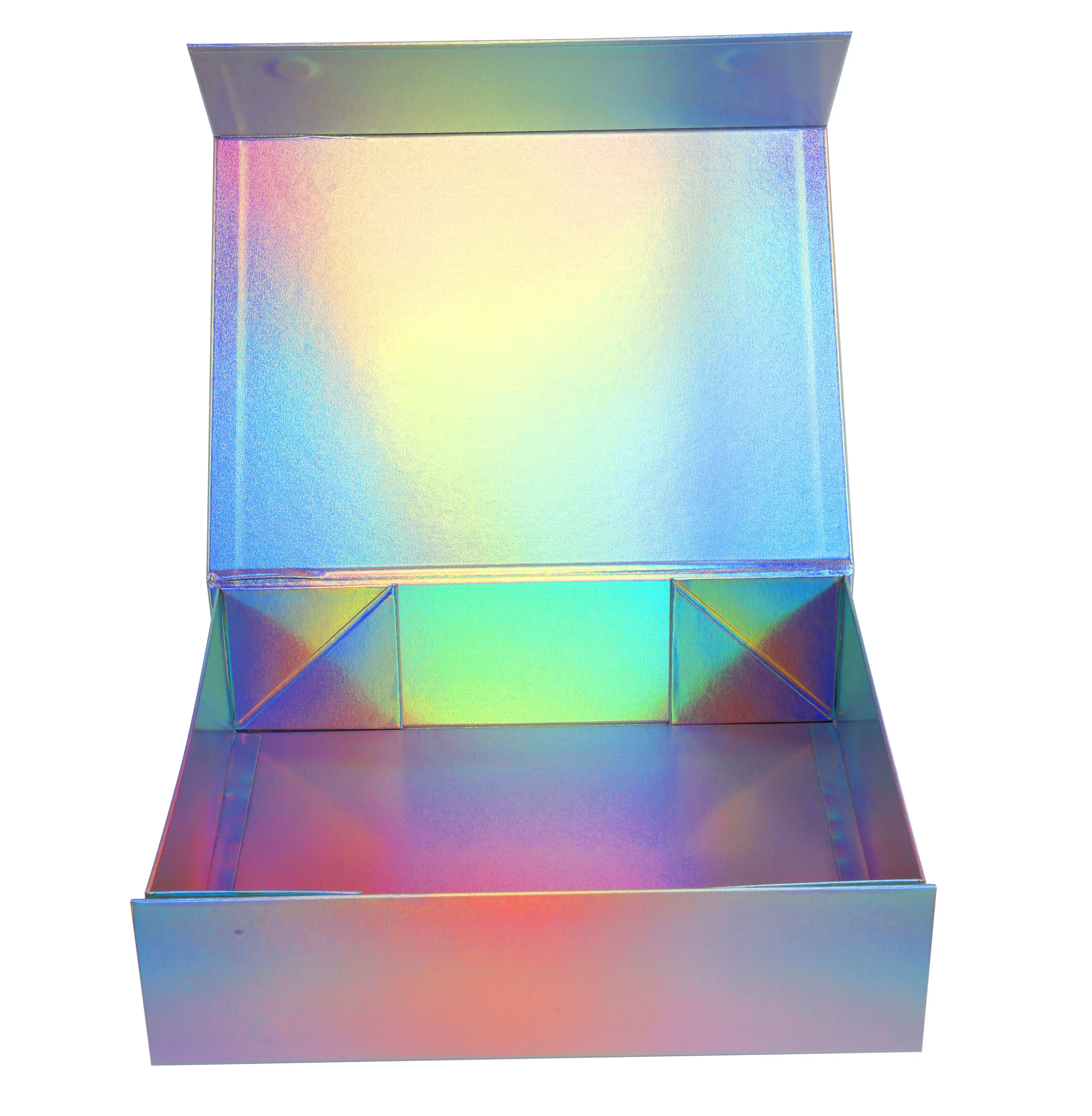 New design hologram flip top foldable magnetic gift box shinny holographic shopping cardboard paper packaging box