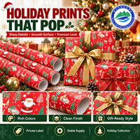Papier d'emballage artistique personnalisé vintage imprimé rennes et Père Noël, rouge, imperméable, enduit PVC, pour cadeaux de Noël, emballage de cadeaux de vacances, vente en gros OEM