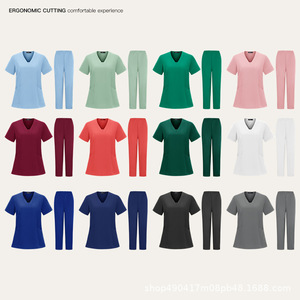 Women V Neck Scrub Set Moisture Wicking Knitted Split Uniform Hospital Workwear Short Sleeve Two Piece Uniforms - Product Image 1