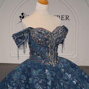 Vestido de Gala Azul Marino Lsmc73-Pz, Estilo Princesa, con Pedrería, Lentejuelas, Adornos Florales y Borlas, Jancember - Product Image 3