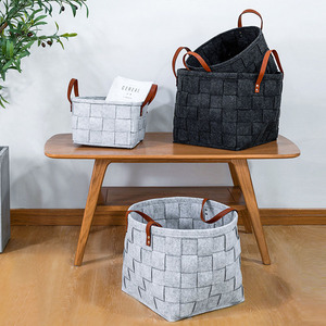 Cesta de almacenamiento tejida de fieltro plegable organizador de juguetes impermeable negro con mango de cuero - Product Image 4