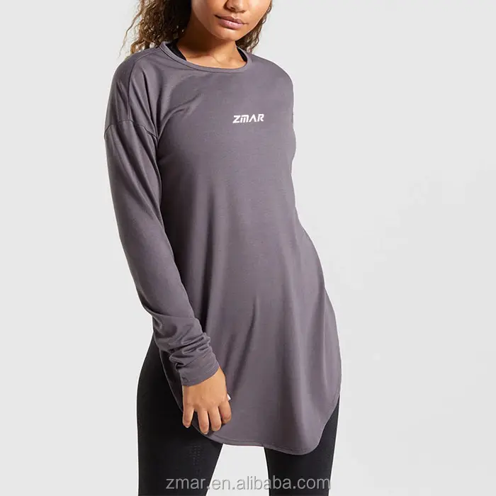 Ark kavisli Hem t-shirt kadın uzun kollu ince üst egzersiz eğitimi spor Tee gömlek