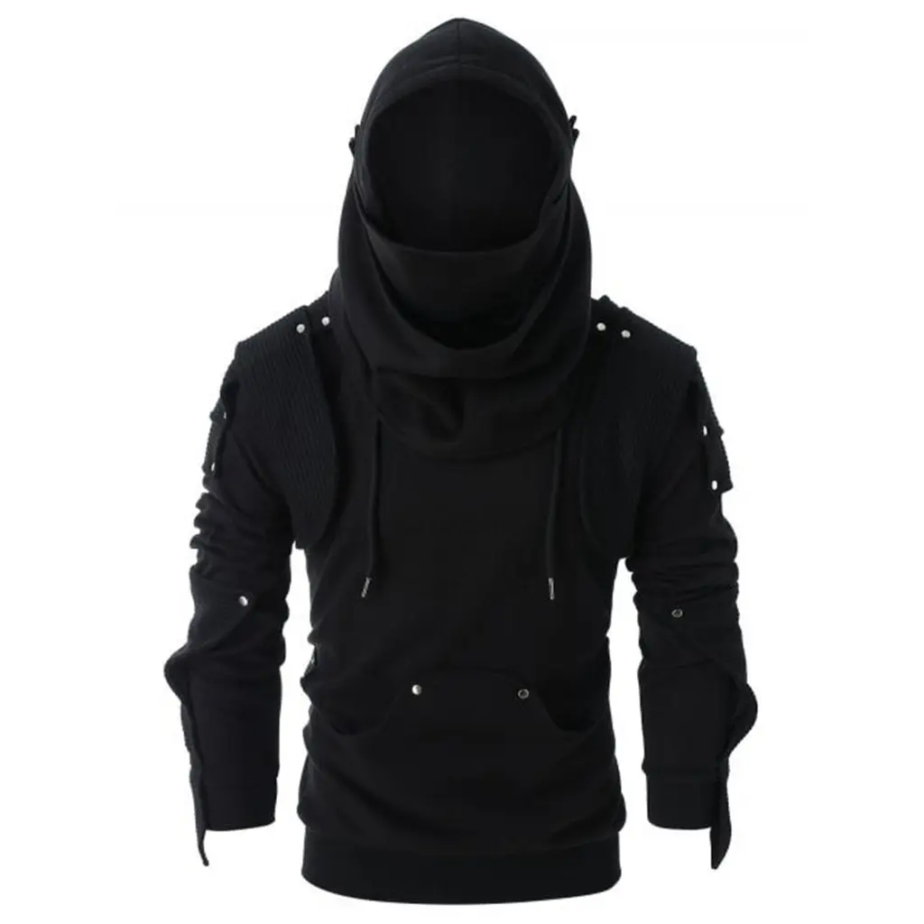 New Trend Cool Retro Rivets Casual Black Long Sleeve drawstring Sweatshirts Thickened Men'S Face Masked Hoodies