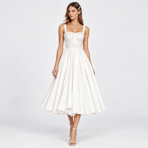 Elegant <b>White</b> Satin Midi Dress With Embroidery Beading A-Line Flared Hem Strapless Formal <b>Gown</b> - Product Image 1
