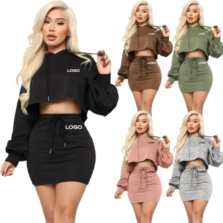 New autumn Spring Women casual Hooded Drawstring Long Sleeve Crop Top Hoodies Skirt Solid 2 Pieces set Dress