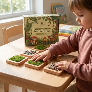 Tuiles sensorielles Montessori personnalisées en bois, thème <span class=keywords><strong>nature</strong></span> (mousse, pierre, écorce, sable), coffret cadeau coloré, jouet éducatif personnalisé OEM - Product Image 4