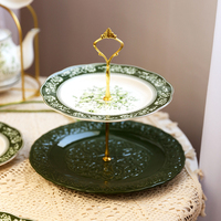 Service de table en céramique de style palais français rétro, assiettes et bols à motifs floraux verts pour repas occidentaux et fêtes