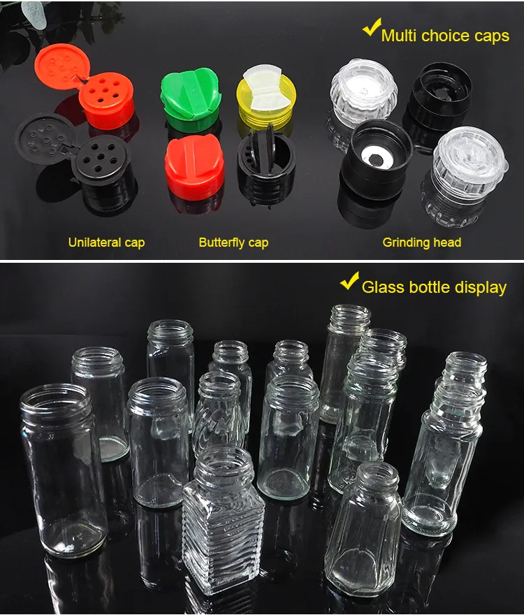 Botellas de vidrio redondas para molinillo de pimienta y sal, tarro de vidrio con trituradora, 100ml, 100ml, venta al por mayor