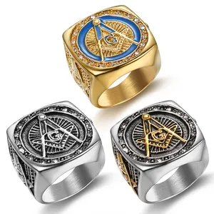 Oem Odm 316 Rvs Modieuze Gold Blue Crystal Maçonnieke Ringen Vrijmetselaar Ringen Voor Mannen Vrouwen