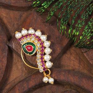 Fashion Indian Pearl Drop Gold Plated Copper <b>Nose</b> <b>Ring</b> Flower <b>Nath</b> Nathani for Women Traditional Ethnic Jewelry - Product Image 2