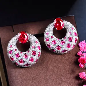 Top Hot Royal Pink Red Cubic Zirconia Stone Round Big Party Wedding Bridal Drop Dangle Earrings for Women Luxury Festive Jewelry