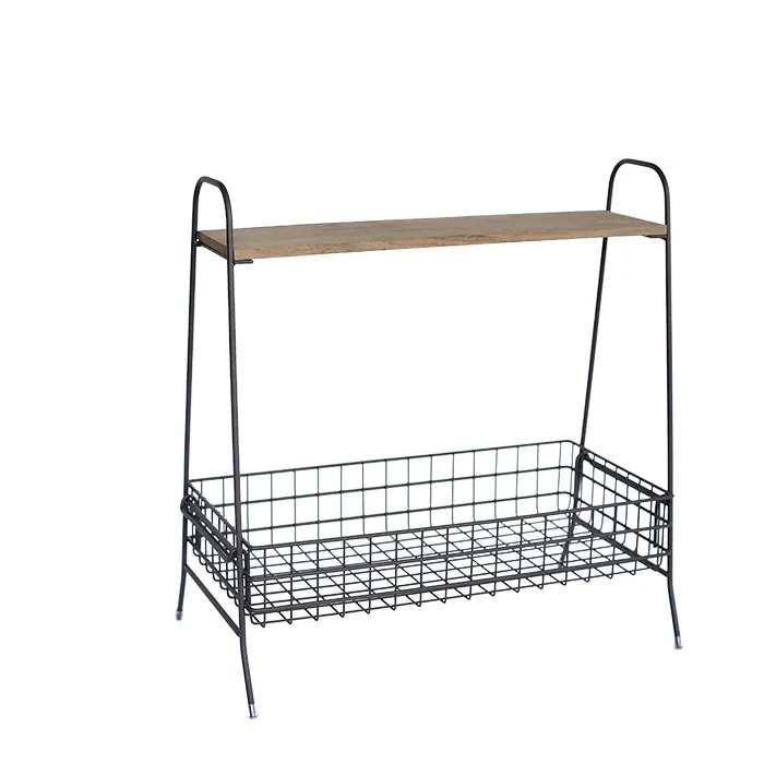 Wholesale loft style 2 tiers black metal solid wood storage shelf rack with basket for promotional