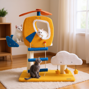 Árbol rascador para gatos con temática de aviación, amarillo, 2 niveles, sisal, para interiores, diseño de dibujos animados - Product Image 2