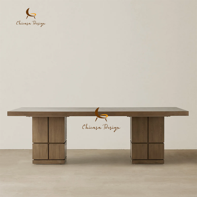 Quadrant Cutout Base and Visible Wood Grain Elegant Home Furniture Wabi Sabi Natural Oak Solid Wood Commercial Dining Table
