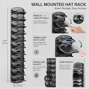 Support mural multi-niveaux pour casquettes de baseball avec pinces à ressort pour l'affichage à domicile, en ABS noir - Product Image 2