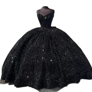 Black Strapless Ball Gown Wedding Dress Princess Waistline Sparkling Solid Color General Purpose Type - Product Image 4