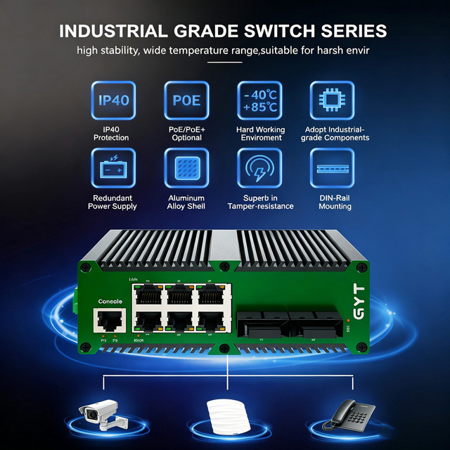 Managed 8-Port Industrial PoE Switch with SFP Uplink Industrial Grade Management Switch for Outdoor Industrial Network Camera