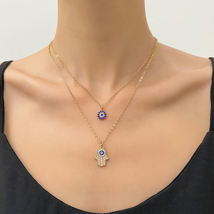 Zircone Hamsa ciondolo a mano gioielli in lega occhio ciondolo occhi d'angelo Multi-strato incastonato con diamanti collana occhio del diavolo da donna - Product Image 1