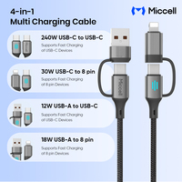 Cable de Carga Multifuncional 4 en 1 Miccell, USB-C a USB-C, Cable USB-C con Efecto de Luz LED Trenzado para iPhone y Android, Carga y Sincronización de Datos