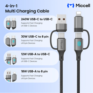 <span class=keywords><strong>สาย</strong></span>ชาร์จ Miccell 4 in 1 แบบหลายหัว USB-C to USB-C <span class=keywords><strong>สาย</strong></span>ถักพร้อม<span class=keywords><strong>ไฟ</strong></span> LED สำหรับ iPhone Android ชาร์จและถ่ายโอนข้อมูล - Product Image 3