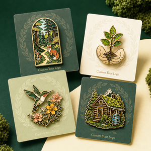 Badges de revers en métal émaillé dur personnalisés, plaqués or, motifs Forêt Écologique, Renard, Jeune arbre, Colibri, Cabane de pluie - Product Image 1