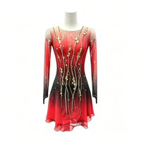 Robe de patinage artistique à manches longues dégradé rouge et noir, dos ouvert en maille avec strass dorés, pour filles et femmes, compétition