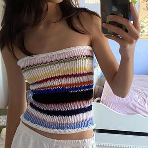 Novedad de verano personalizada, chaleco de punto a rayas sin tirantes Sexy para <span class=keywords><strong>mujer</strong></span>, Top corto informal de <span class=keywords><strong>talla</strong></span> <span class=keywords><strong>grande</strong></span> para niñas, uso como ropa exterior - Product Image 3