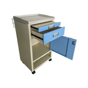 Hospital <b>Bedside</b> <b>Table</b> L480 W400 H880mm Plastic Minimalist Design Beige Cabinet <b>Blue</b> Doors With Wheels For Medical Use - Product Image 4