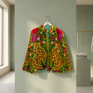 Hand Embroidered <b>Velvet</b> Jacket Women's Mandarin Collar Full Sleeve Tiger Floral Pattern Spring Casual Wear <b>Green</b> Wholesale - Product Image 1