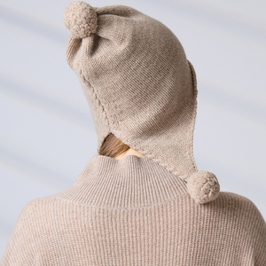 Women's Knit Earflap Hat With Pom Poms Solid Color Beige Winter Outdoor Casual Style Knitted 100% Merino <b>Wool</b> <b>Beanie</b> - Product Image 6