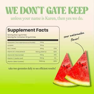 OEM Natürlicher Wassermelonen-Geschmack Gummibärchen Selbstbräuner mit Lycopin Astaxanthin Beta-Carotin <span class=keywords><strong>Vitamin</strong></span> <span class=keywords><strong>B3</strong></span> C D3 Schönheitsprodukte - Product Image 2