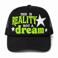 Topi Trucker Slogan Impian Realitas Kustom Warna Krem Hitam Jaring Dua Warna Patch Bintang Bordir 3D