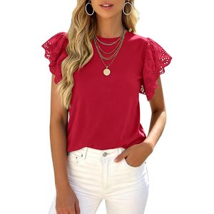 Blusa de Mujer con Manga Casquillo, Encaje Rojo, Manga Abullonada, Cuello Redondo, Transpirable, Camiseta Básica de Verano, Blusa Casual Elegante para el Trabajo - Product Image 1