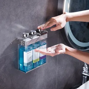 Luxe Roestvrijstalen Zilveren Hotel Shampoo Zeepdispenser Badgel Zeepdispenser Aan De Muur Gemonteerde Drievoudige Zeepdispenser Voor Vloeistof