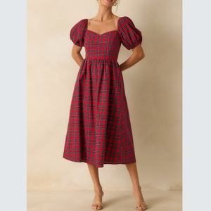 Vestido Midi de Verano para Mujer, Personalizable, con Volantes, Elegante, de Algodón a Cuadros, Cuello Cuadrado, Casual, Corte en A, Mangas Abullonadas - Product Image 1